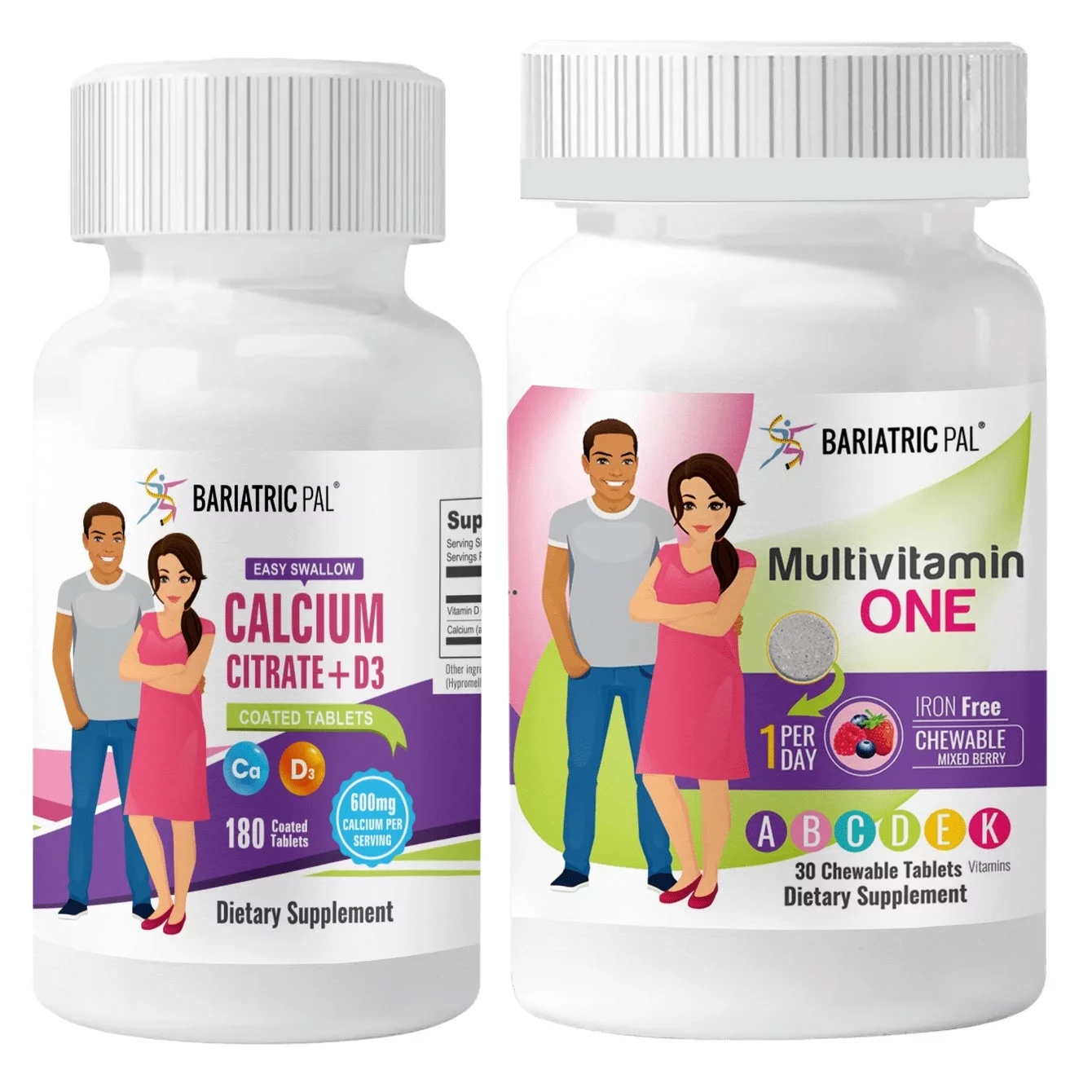 Gastric Bypass Complete Vitamin Pack - Tablets BariatricPal Multivitamin ONE & BariatricPal Easy Swallow Calcium Citrate and D3 Coated Tablets: Mixed Berry Chewable - Iron Free, Size: 30-Day Supply