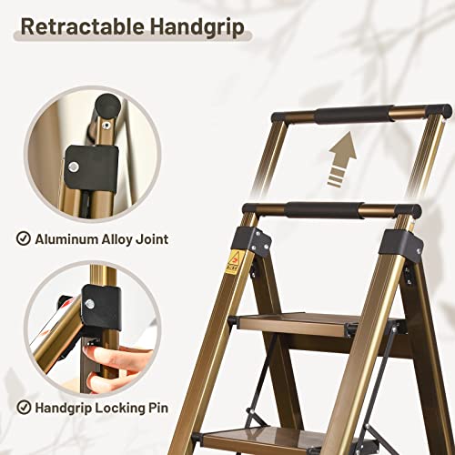XinSunho 5 Step Ladder, Retractable Handgrip Folding Step Stool with Anti-Slip Wide Pedal, Aluminum Stool Ladders 5 Steps, 330lbs Safety Household Ladder