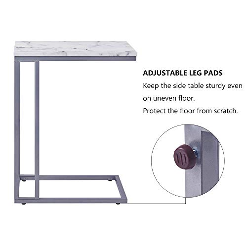 C-Shape Side End Table, Faux Marble Tray Snack Table with Metal Frame, Laptop Coffee Holder, Modern Furniture (Silver)