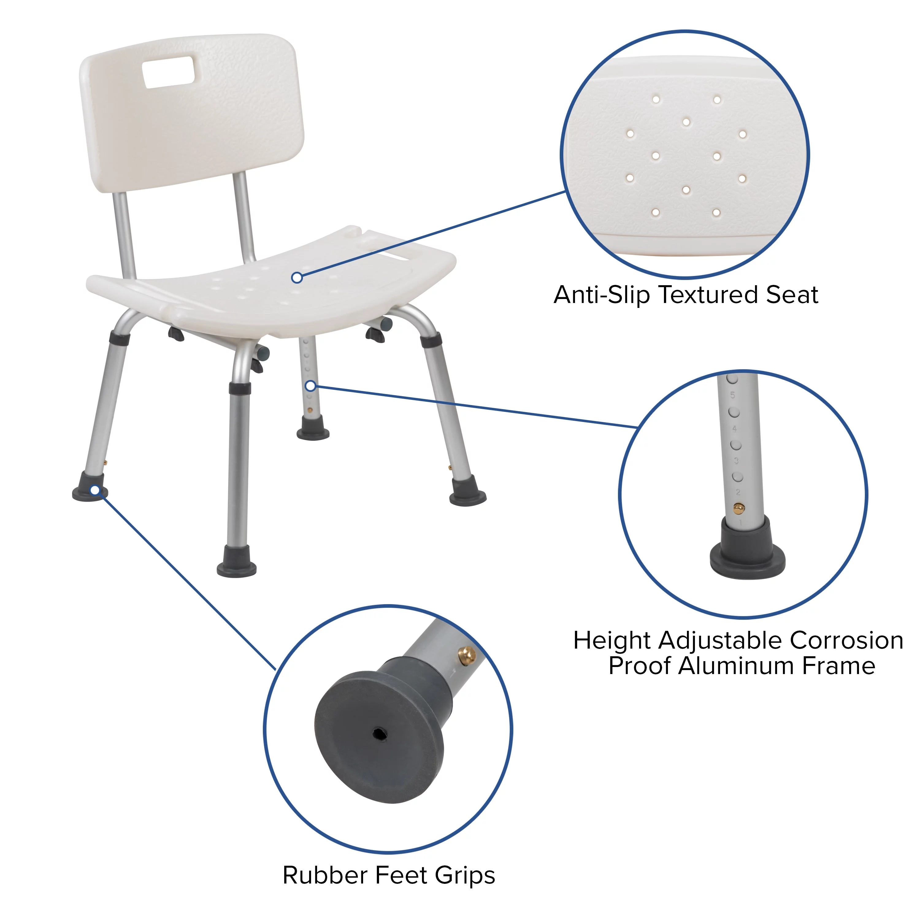 Emma + Oliver Tool-Free 300 Lb. Capacity, Adjustable White Bath & Shower Chair with Back
