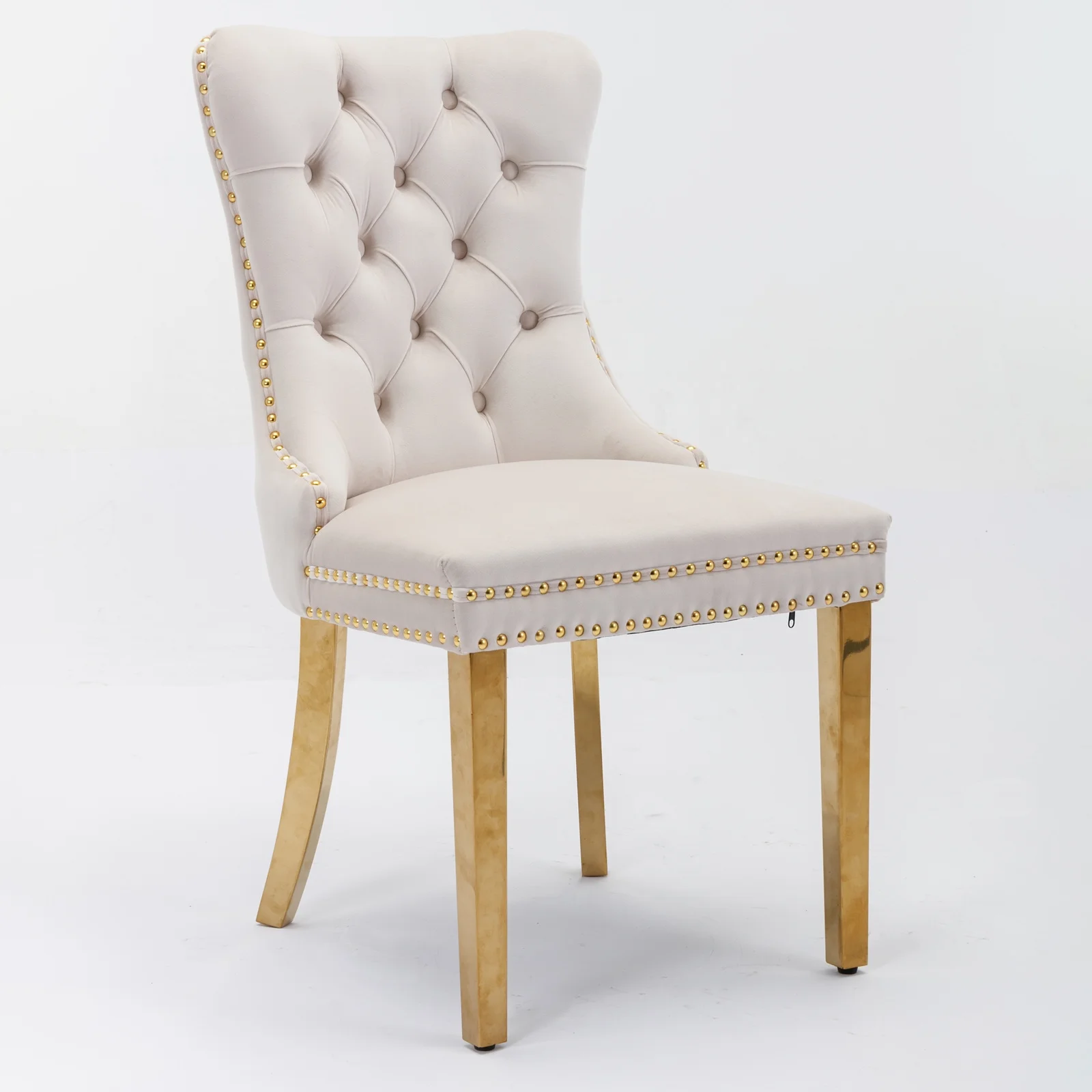 Glavbiku Modern High End Velvet Dining Chair Set of 2,Dining Room Rivets Chairs with Gold Legs,Beige