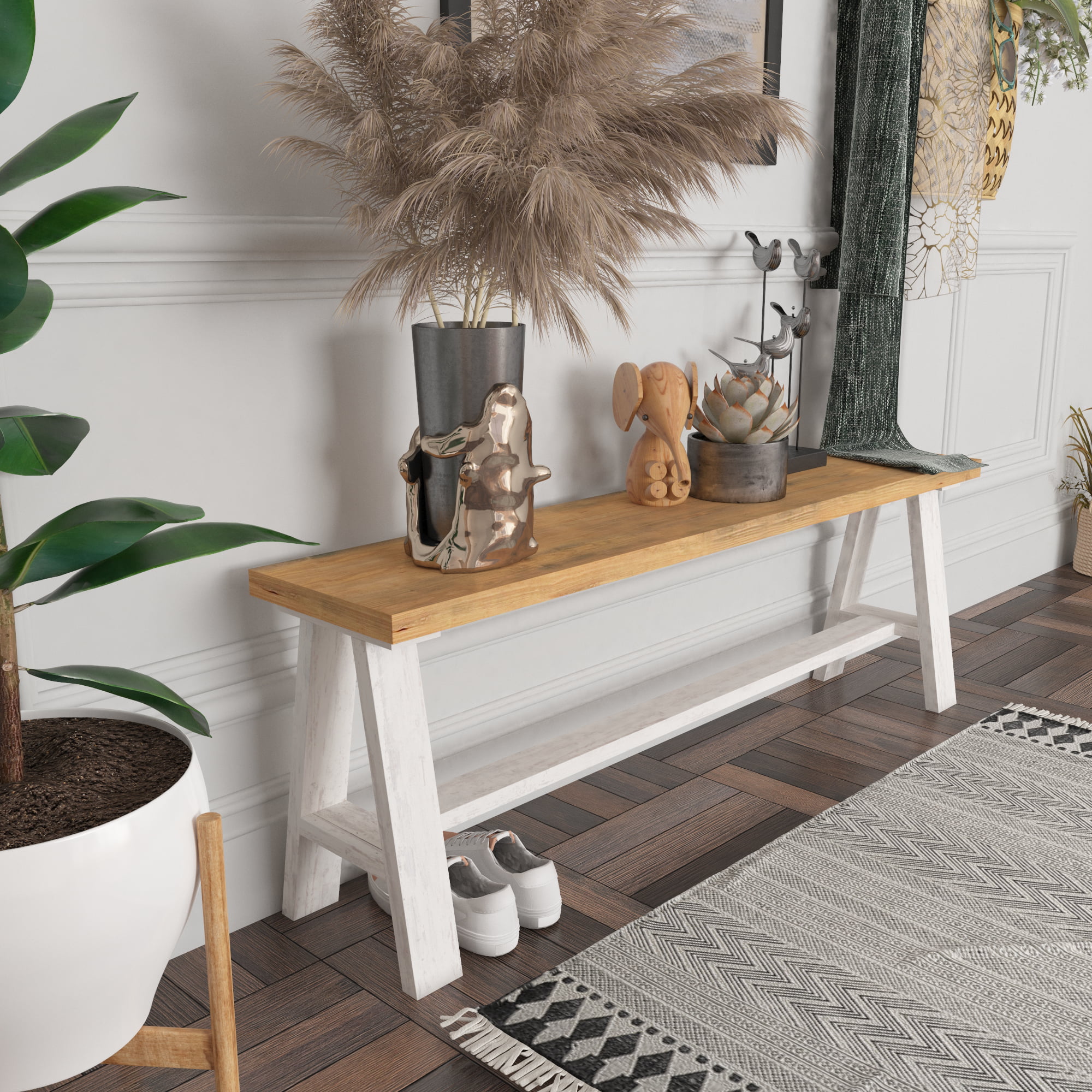 Woven Paths Simple Pine Wood Bench, Large Light Brown and White