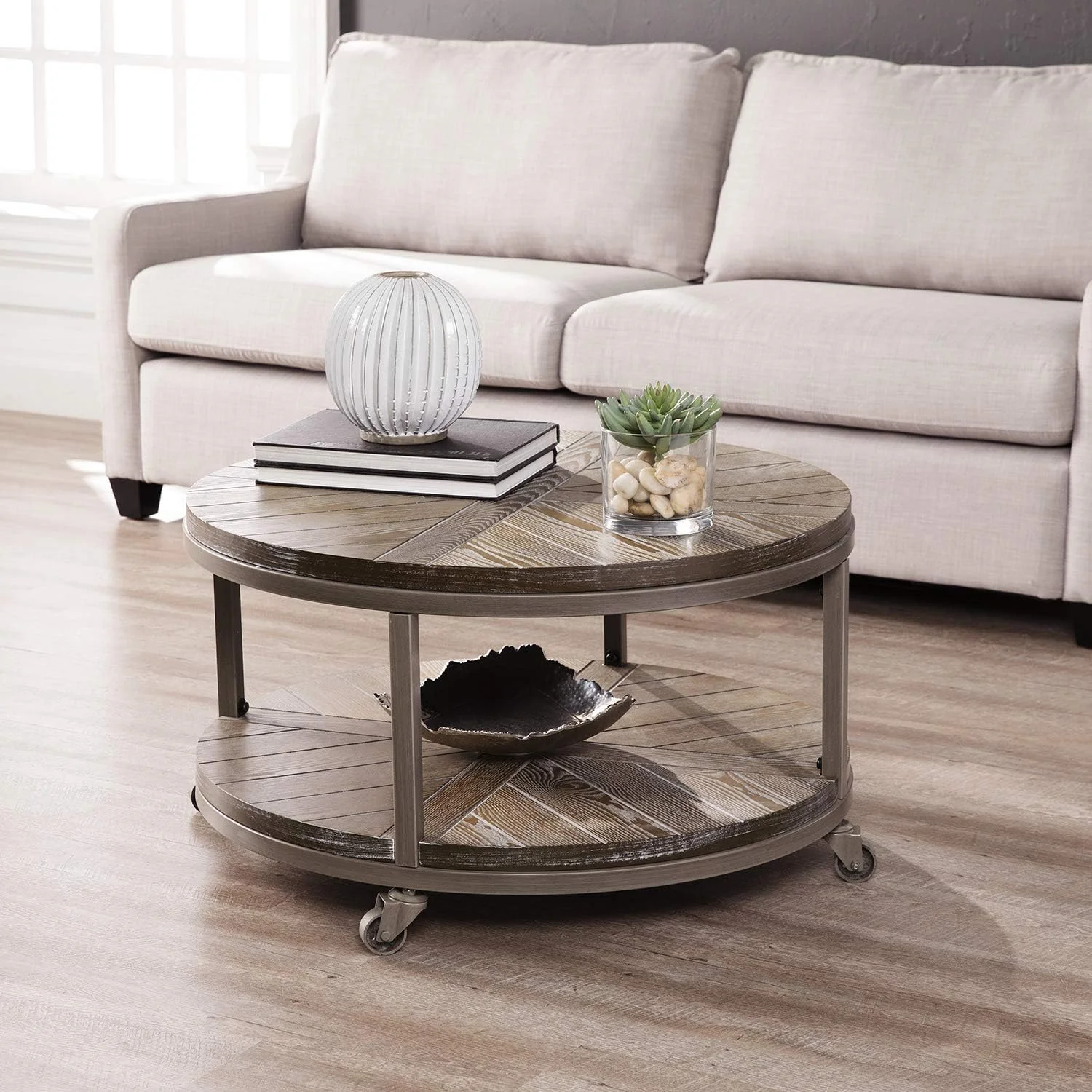 Konya Urban Industrial Round Coffee Table, White-Limed Burnt Oak/Distressed Gray