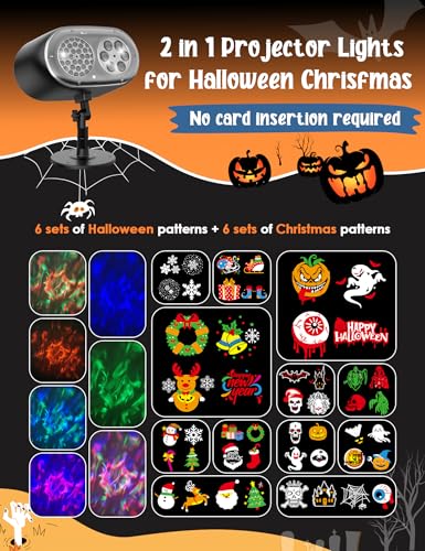 12-in-1 Halloween Christmas Projector Lights Outdoor Waterproof, 2025 Upgrade Holiday Projector Light 3D Dynamic Ocean Wave+ Patterns, Clearer Ghost/Skeleton/Pumpkin/Devi Face Lights for Party Decor