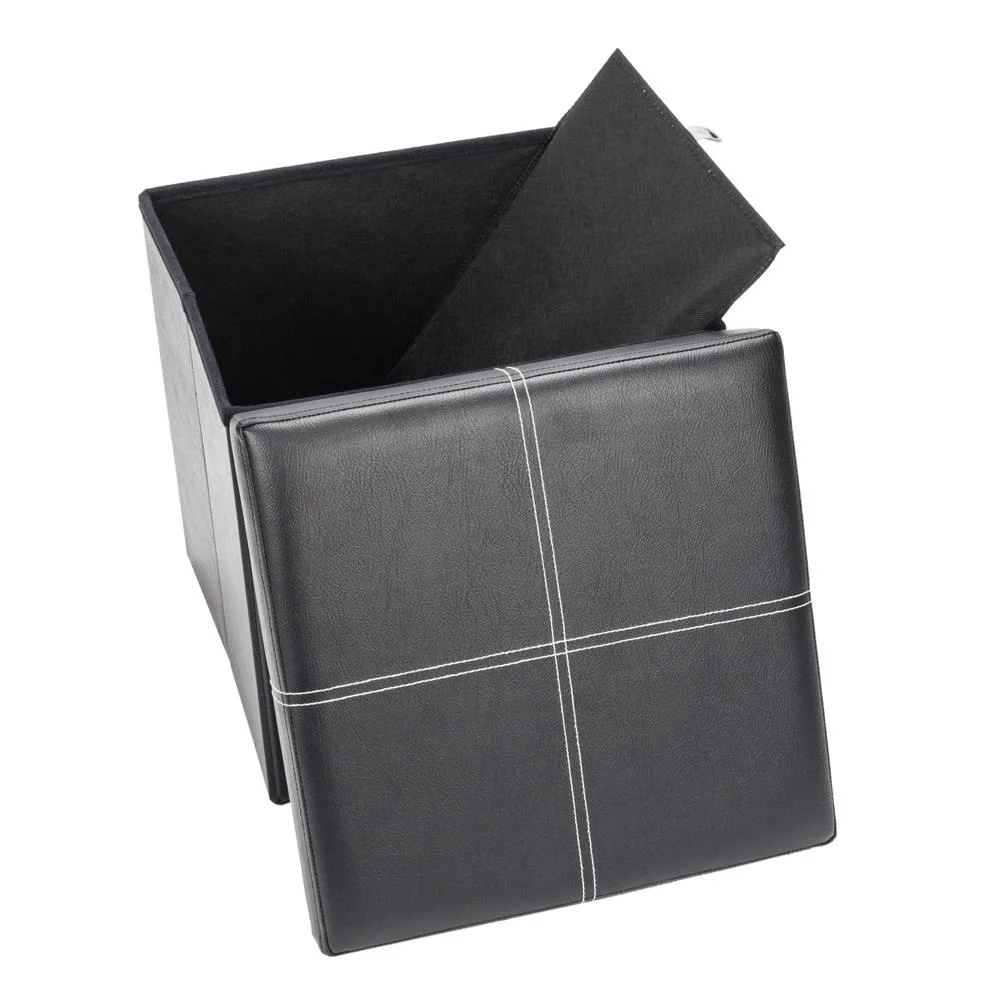 Winado Leather Square Shape Storage Ottoman with Line Black