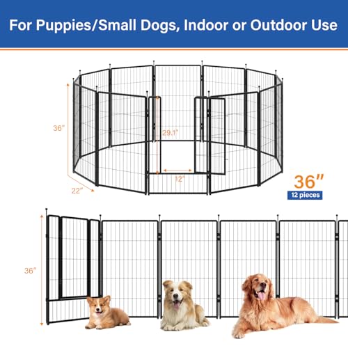 Dog Playpen 24 inch 12 Panels for Indoor & Outdoor Use – Heavy-Duty Metal Pet Fence with Ground Stakes, Rounded Ball Tops for Safety, Stable & Foldable Design, Easy to Assemble