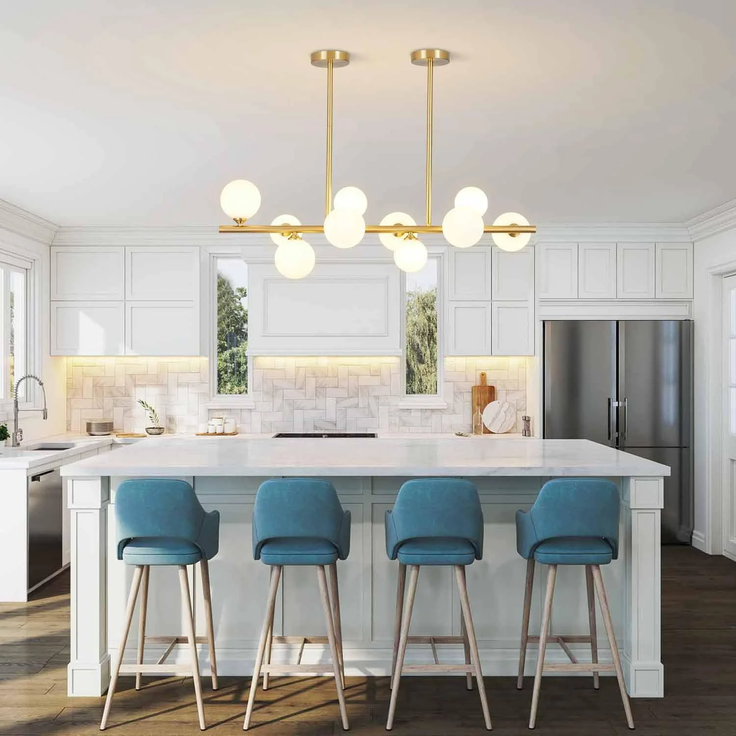 WANHUI Modern Gold Globe Sputnik Chandelier Mid Century Brass Linear Chandelier 10-Lights Frosted White Glass Ball Pendant Light Ceiling Lamp Dining Light Fixture Over Table