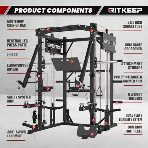 Smith Machine with Jammer Arms & Leg Press Board , RitKeep PMAX-4750 All-in-One Smith Machine with Adjustable Weight Bench and Adjustable Pulley System (1:1 & 2:1) for Full Body Strength Training