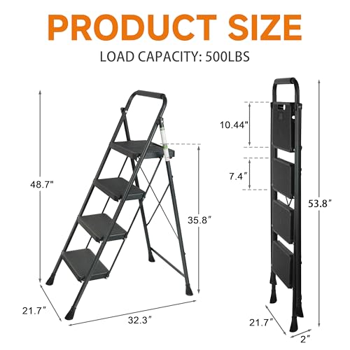 3 Step Ladder, Protable Steel Folding Stool with Wide Anti-Slip Pedal, 500lbs Sturdy Steel Ladder, Black