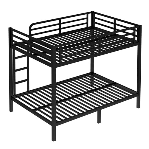 Heavy Duty Bunk Bed Frame with Ladder, Twin XL Over Twin XL Bunk Beds with Safety Guardrails, Adults Bunk Beds with Noise-Reducing Rubber Stoppers, Easy Assemble, Black