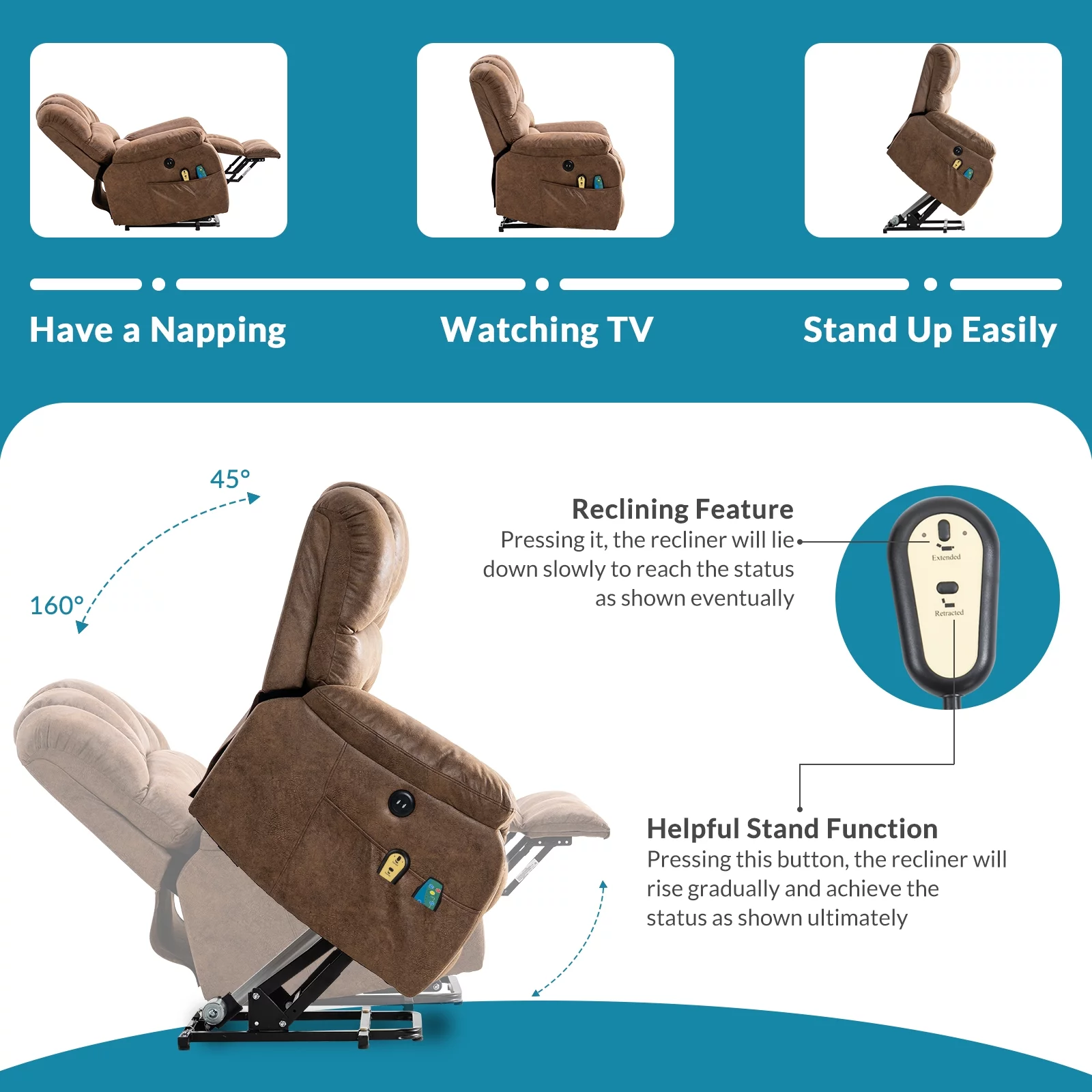 OUINCH Large Power Lift Recliner Chair with Massage and Heat for Elderly Big Man, Extra Wide & Oversized Electric Recliner with 2 Remote Controls, 2 USB Ports & 2 Side Pockets, 350lbs Capacity