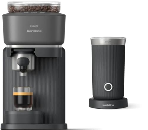 Philips Baristina Espresso Machine+Milk Frother Bundle. Real espresso. Compact coffee machine, portafilter, grinder, Cafe Crema. Dairy & Non-Dairy Milk foam​. Hot & Cold. Easy Clean. Black (BAR303/60)