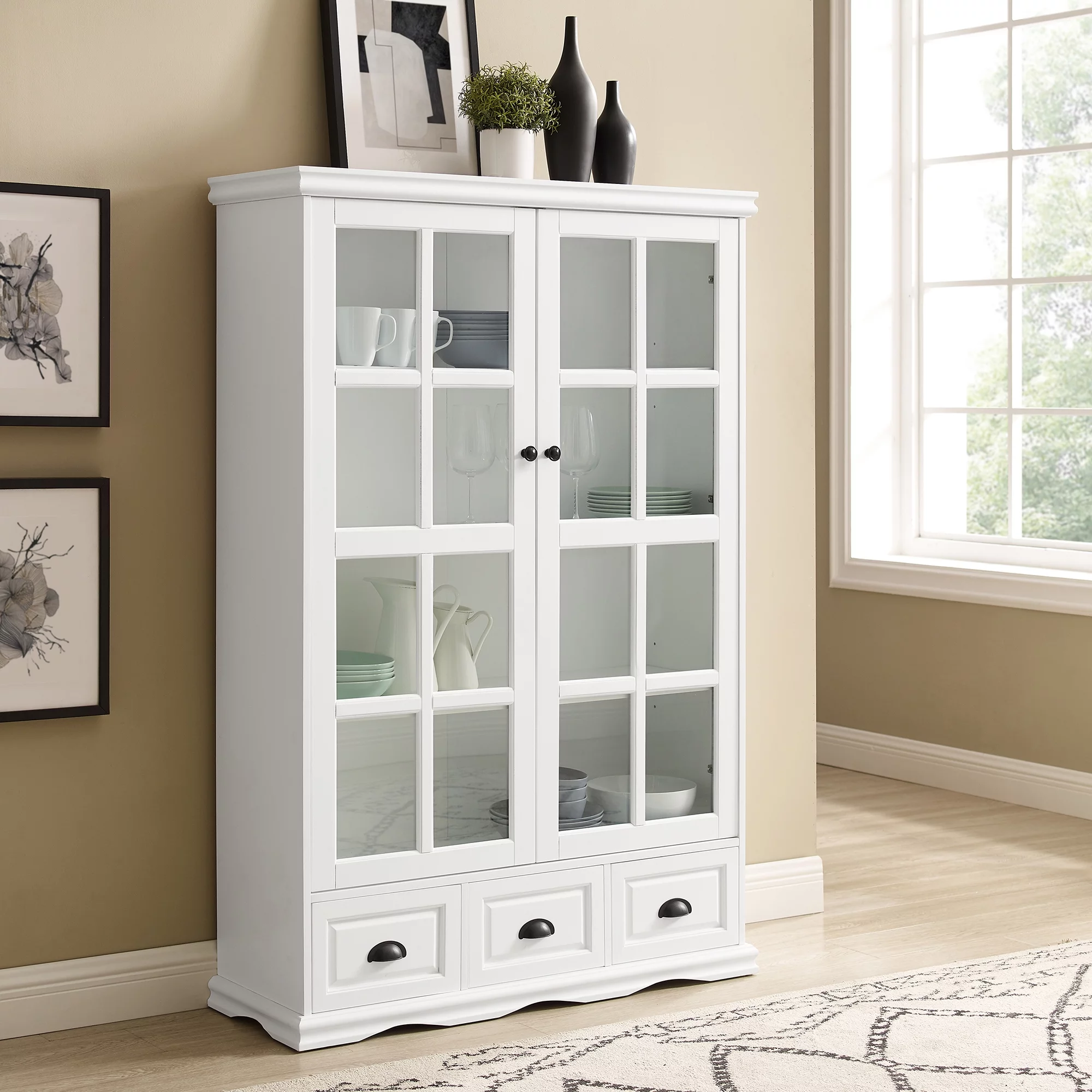 Storage Cabinet with Tempered Glass Doors Curio Cabinet with Adjustable Shelf Display Cabinet with Triple Drawers, White