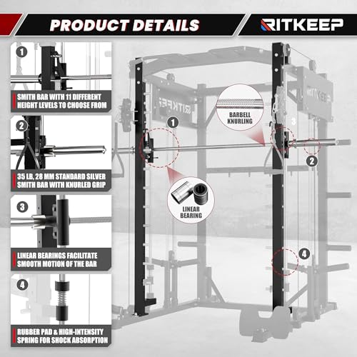 Smith Machine with Jammer Arms & Leg Press with Adjustable Dual Pulley Ratio (1:1 & 2:1), PMAX-4750 All-in-One Commercial & Home Gym Equipment, Heavy-Duty Steel Frame by RitKeep