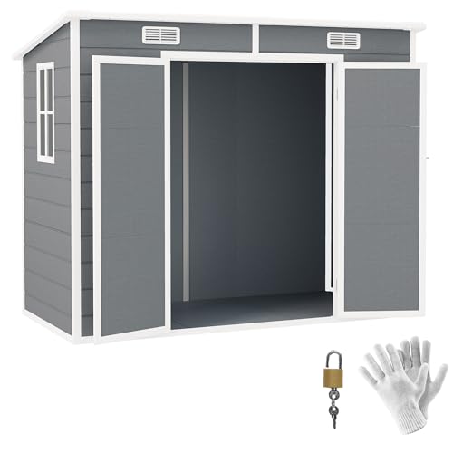 Outsunny 8' x 4' Outdoor Storage Shed, Resin Plastic Shed with Floor, Window, Lockable Doors and Vents, All-Weather Tool Shed for Backyard, Patio, Lawn, Gray
