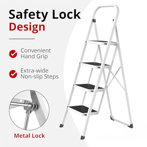 HBTower Step Ladder Folding Step Stool for Adults with Anti-Slip Pedal,330 lbs Capacity for Kitchen, Home,White