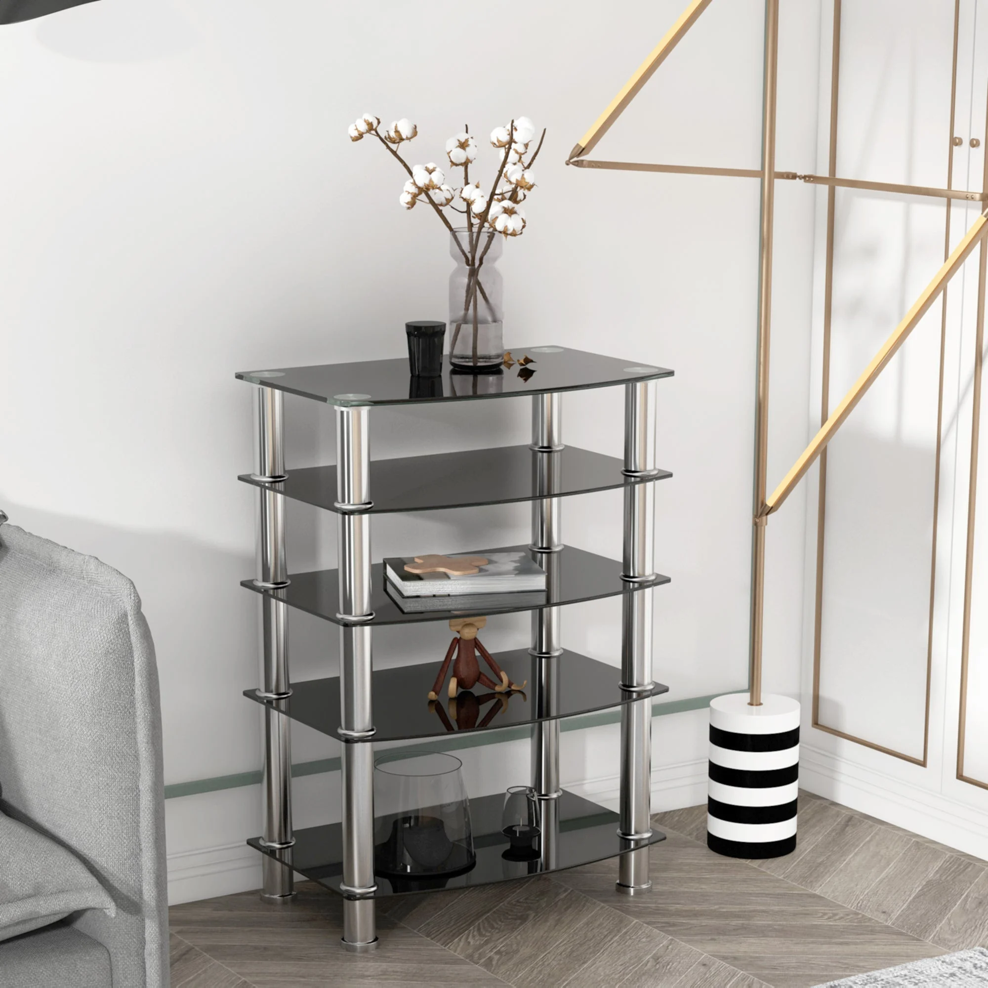 5-Tier Tempered Glass Living Room Side Table with Stainless Steel Frame- Black