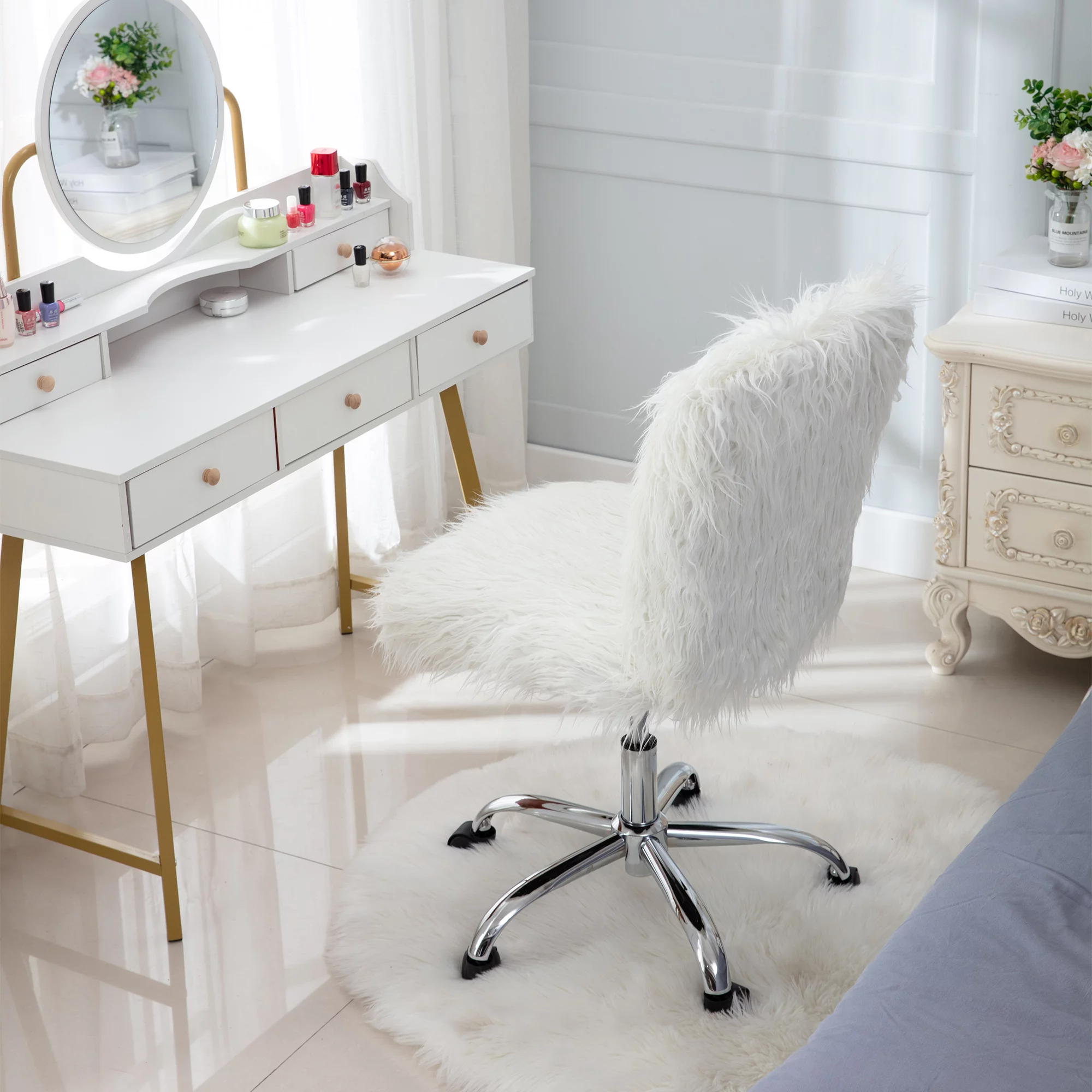Mefine Vanity Armless Office Chair, Makeup Vanity Fluffy Chair,White