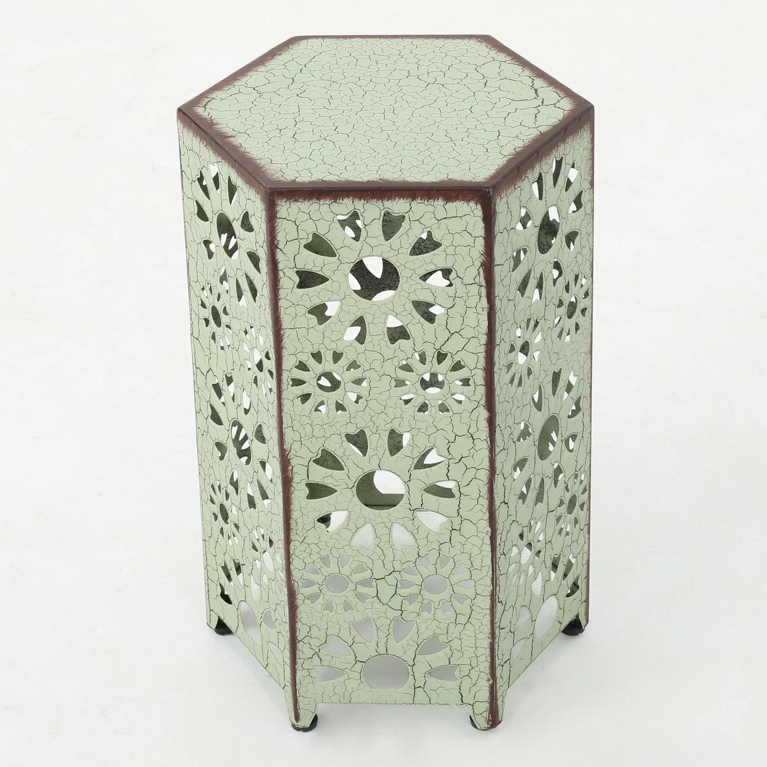 Noble House Vania 12 Inch and 14 Inch Sunburst Iron Side Table Set, Crackle Green