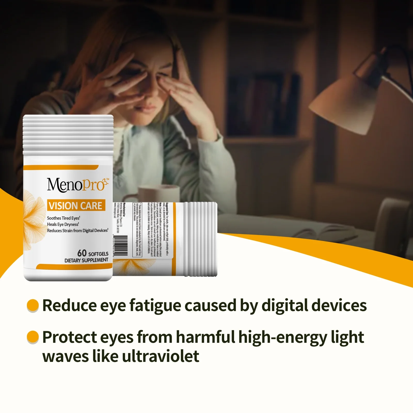 Menopro Vision Care Softgels, Lutein, Zeaxanthin, Astaxantin, Hyaluronic Acid, Omega 3 (EPA, DHA), Zinc, Copper, Vitamin C & E, 60 Day Supply - 60 ct