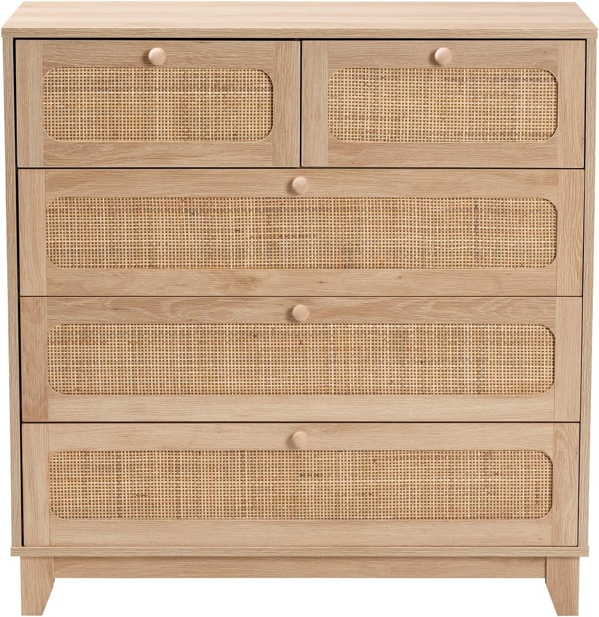 NLIBOOMLife Elsbeth Oak Brown Wood and Natural Rattan 5-Drawer  Cabinet