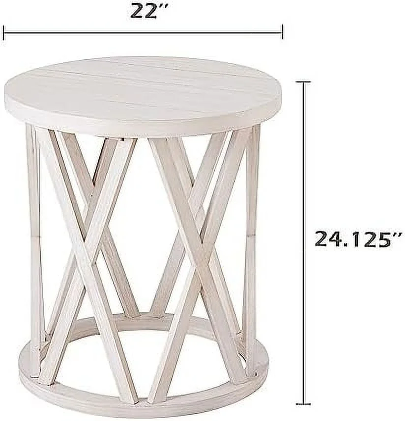 RUNFAYBIU Rustic Farmhouse End Table  Small Round  with X-Motifs Legs  Wood Textured Top  for   French Country Decor  Antique White
