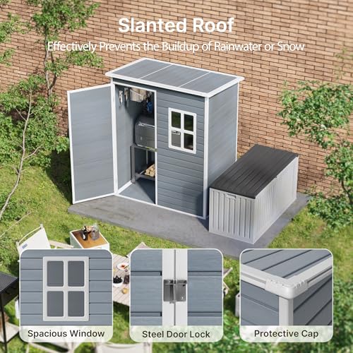 Gizoon 6x4 FT Outdoor Storage Shed with Floor, Resin Garden Tool Shed with Lockable Doors, Window, Vents, Reinforced Steel Frame, Waterproof Plastic Storage Sheds for Backyard, Patio, Lawn