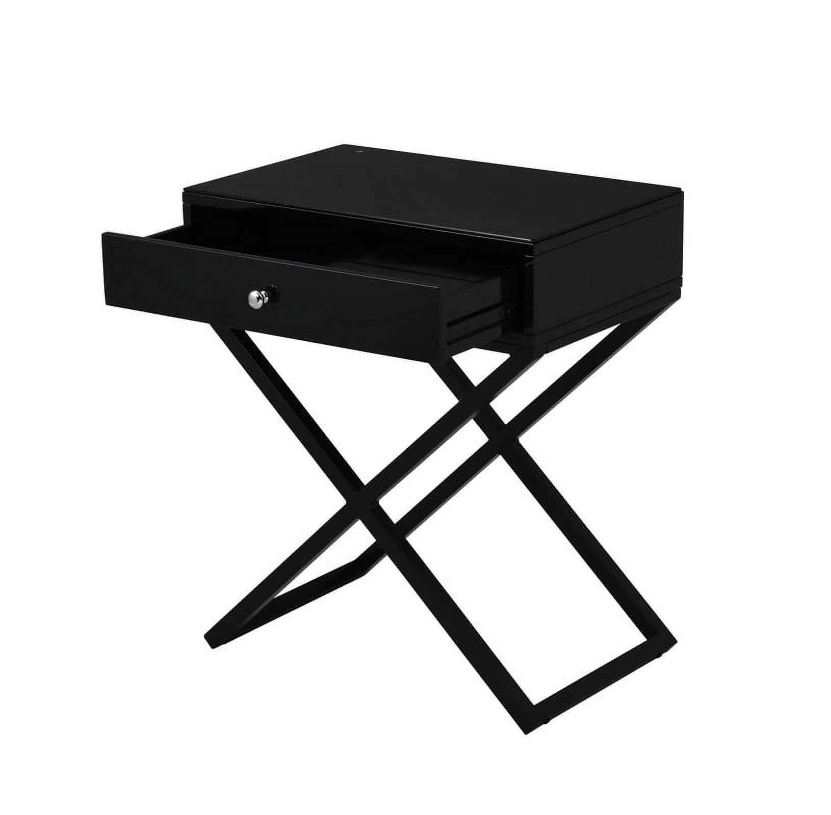 Modern Wooden Nightstand with Drawer,Side End Table with Glass Top and Metal X-Base Legs,Black