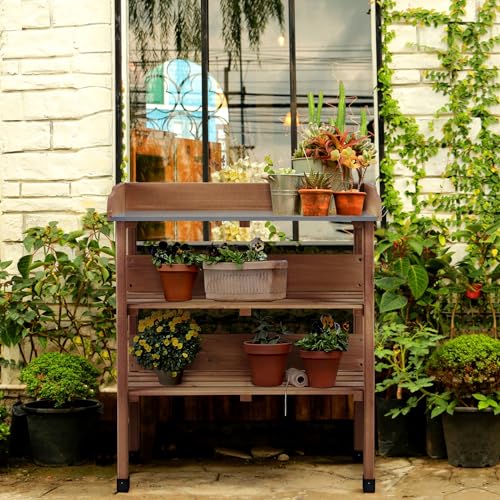 Topeakmart Potting Bench Table w/Metal Tabletop for Garden, Fir Wood Workstation w/3 Tier Shelves, Outdoor Work Bench w/Hook Natural Wood