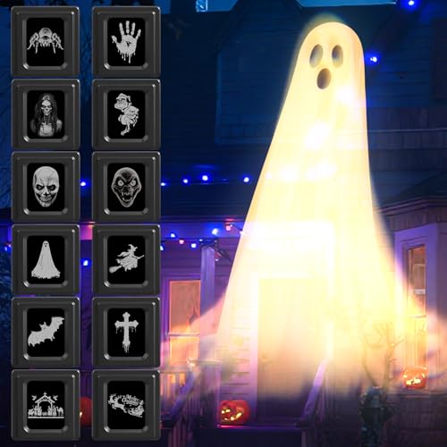 12 in 1 Halloween Projector Lights Outdoor Indoor - 3D Dynamic Ghost/Spider/Bat/Skull/Witch/Nativity/Crucifix Halloween Decorations,Waterproof Holiday Light for Window,Cemetery,Holiday Decor