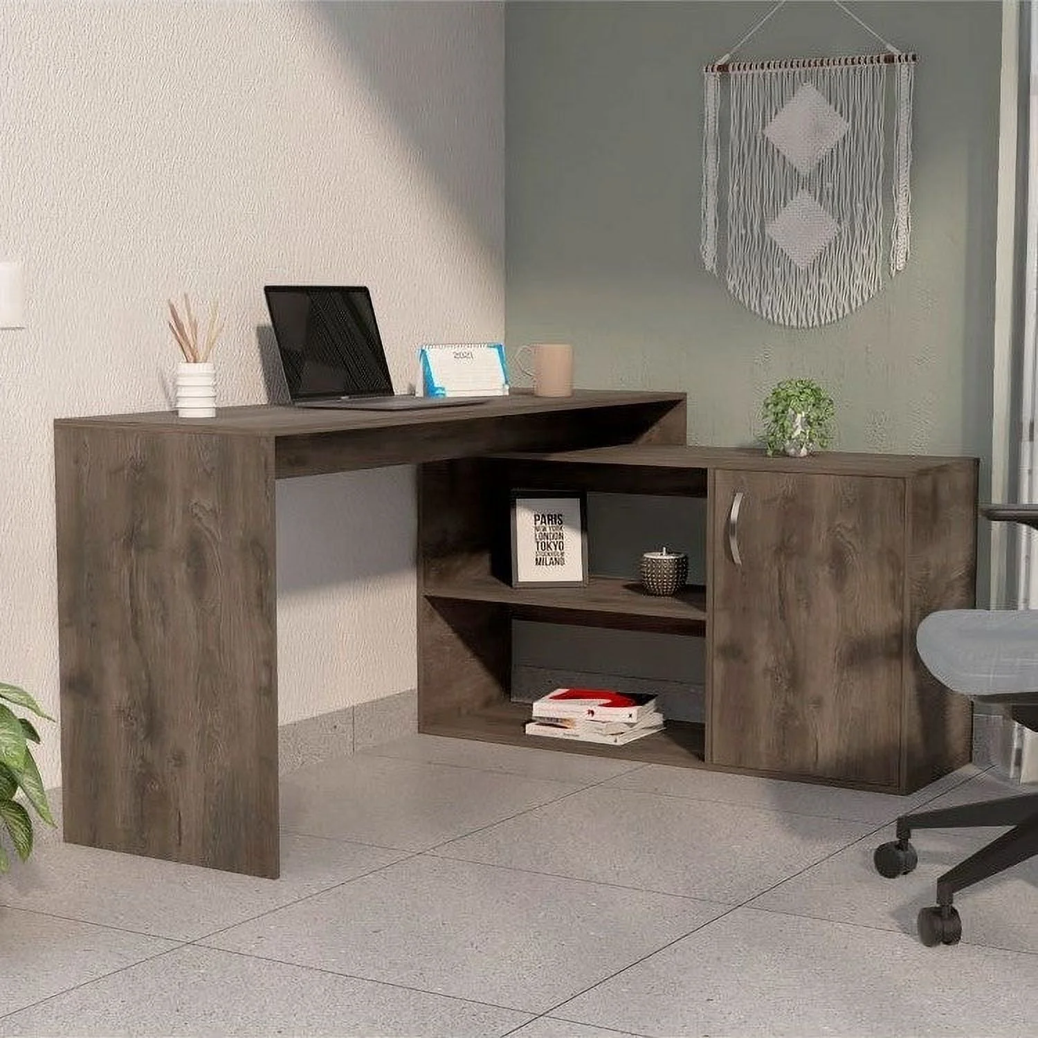 Boahaus Linyi L-Shaped Computer Desk, Dark Brown, 2-Shelves, One Cabinet, for Adults