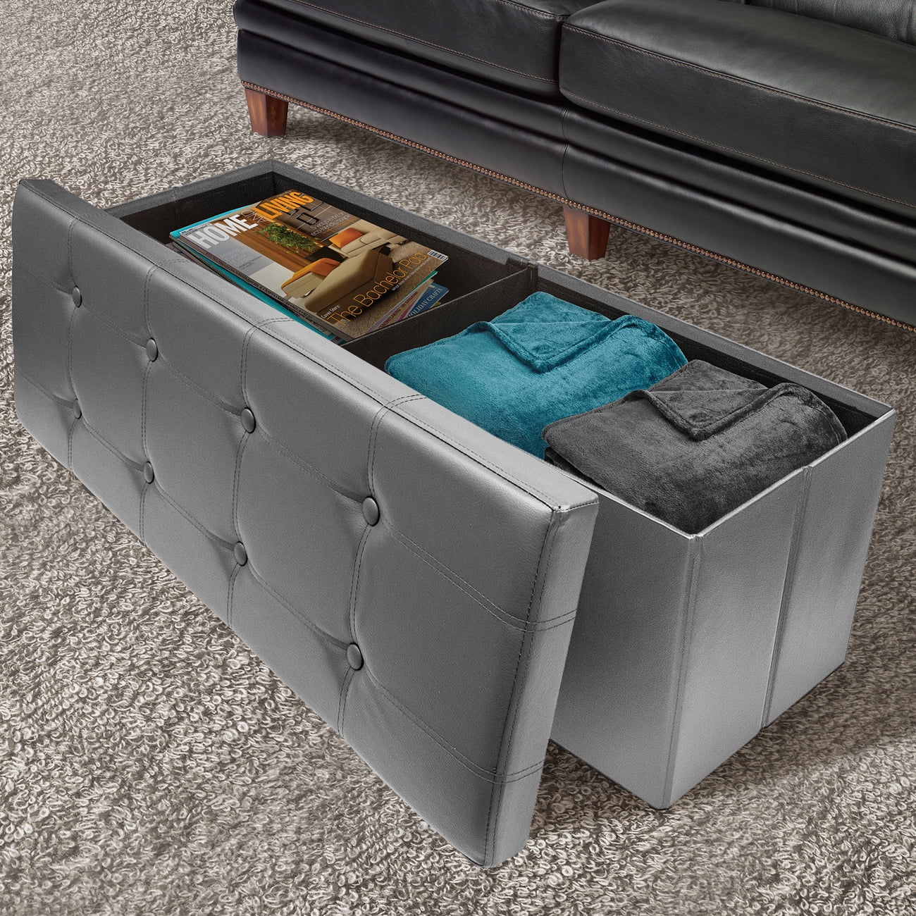 Sorbus Faux Leather Folding Storage Ottoman Chest Bench (Gray)