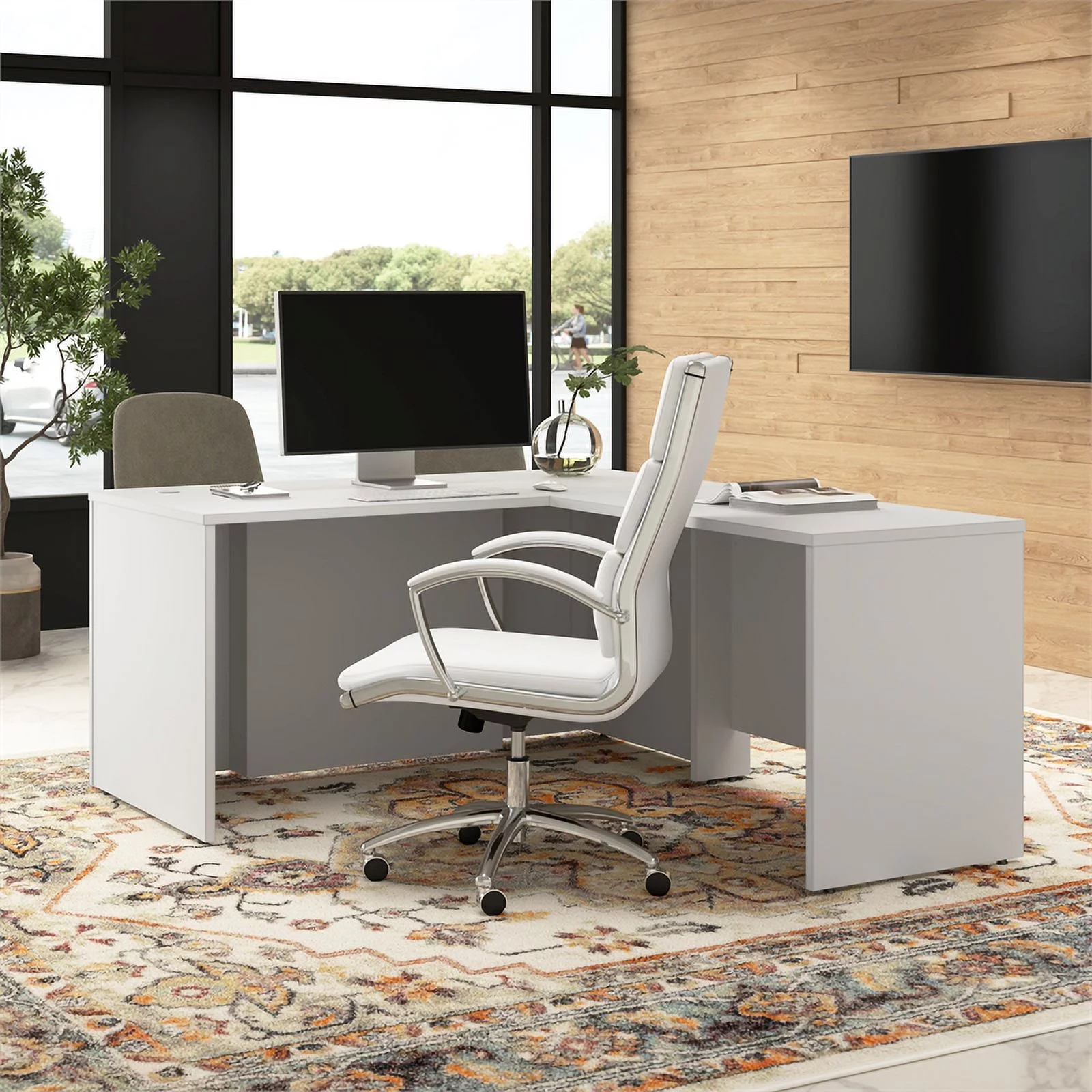 Bowery Hill 60W x 30D Executive L-Shaped Desk in White - Engineered Wood