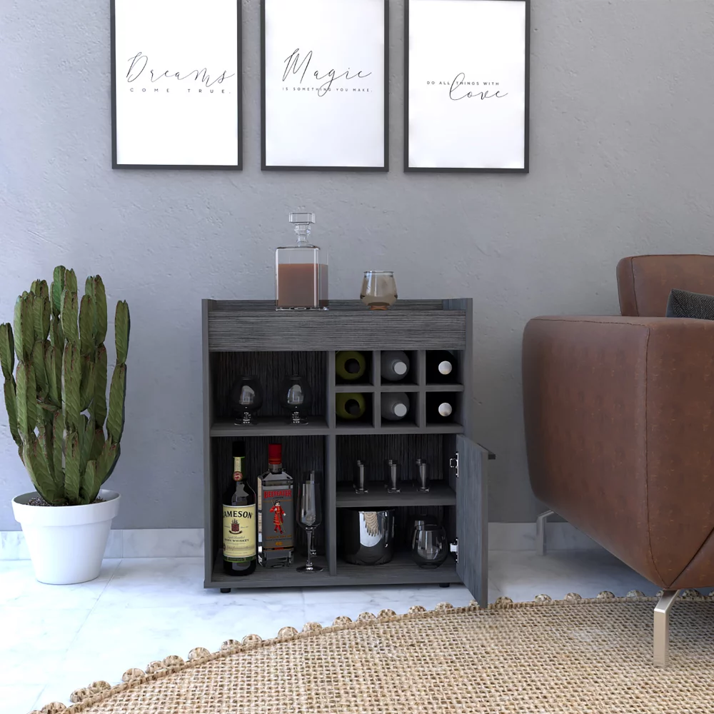 Treevol Furniture, Bar Cabinet Dext, Two Concealed Shelves, Six Wine Cubbies, Light Gray Finish