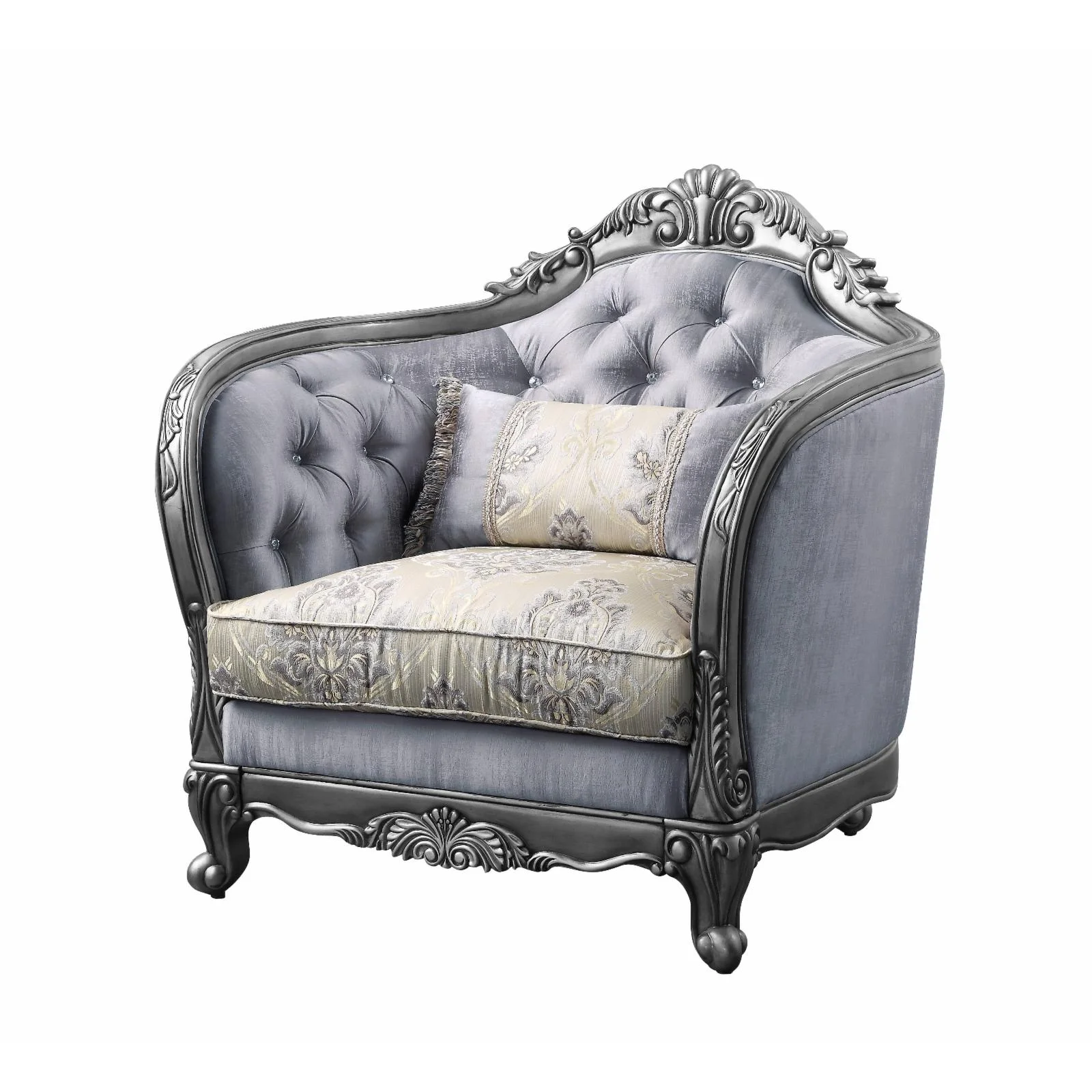 ACME Ariadne Fabric Button Tufted Chair with 1 Pillow in Platinum Gray