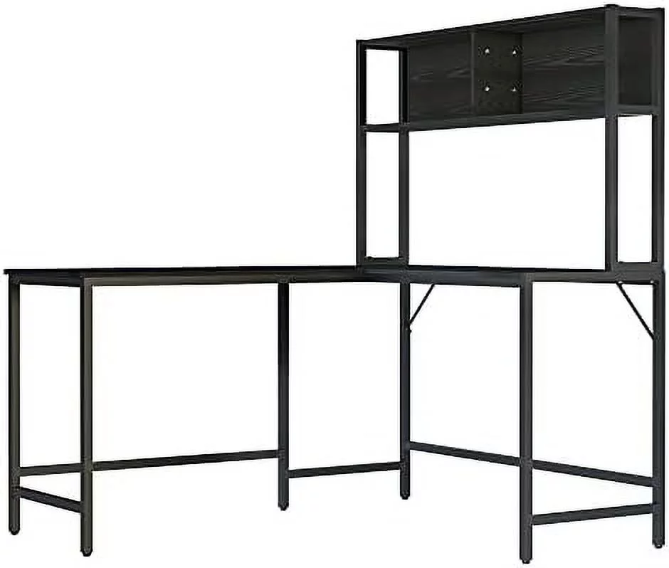 KHBIULIFE 55 Inch L Shaped Computer Desk with Hutch  Corner Desk for Home Office and Study  Writing Workstation with 2  Compartments  Black