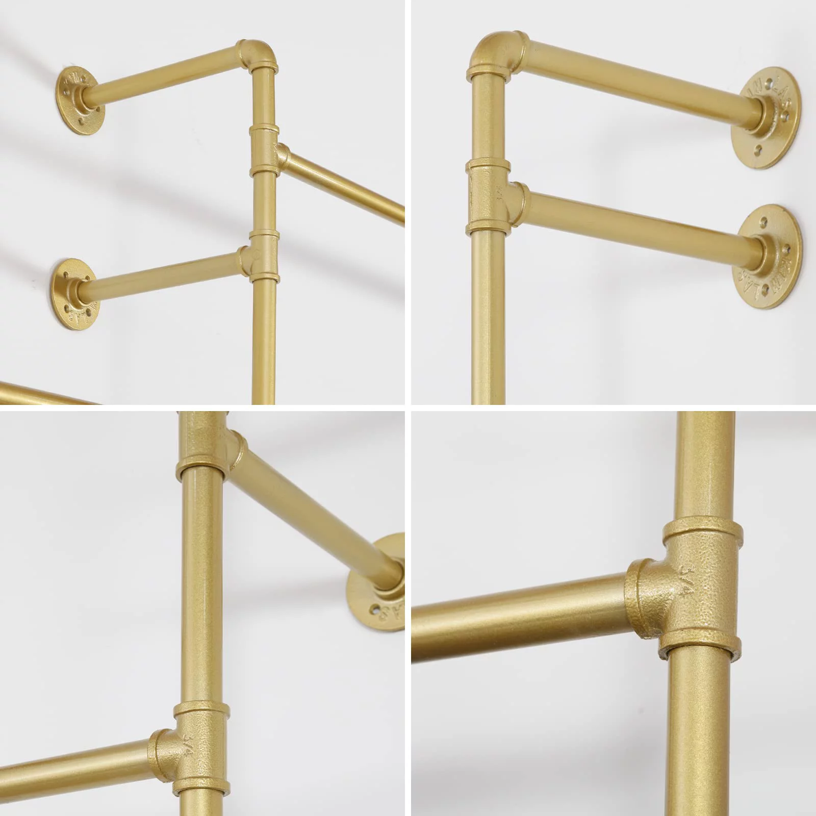 SSS Furniture Modern Simple Industrial Pipe Double Hanging Rods Clothing Rack, Clothes Rack Wall Mounted Heavy Duty Hanging Clothes Rack, Detachable Garment Bar 93.3X82.7inch (Gold)