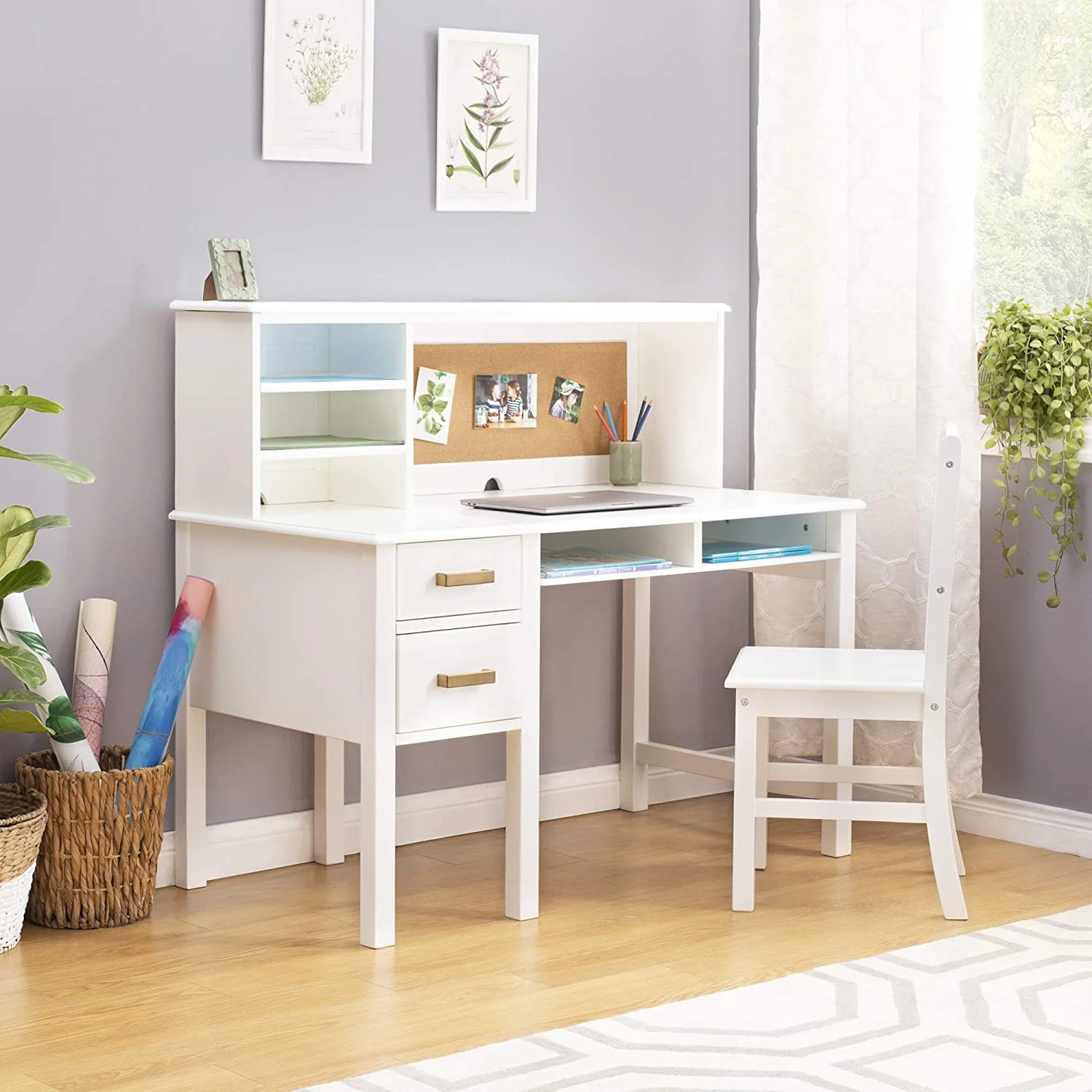 Taiga Desk, Hutch and Chair - White: Student's Study Computer Workstation with Multiple Storage Cubbies & Two Spacious Drawers
