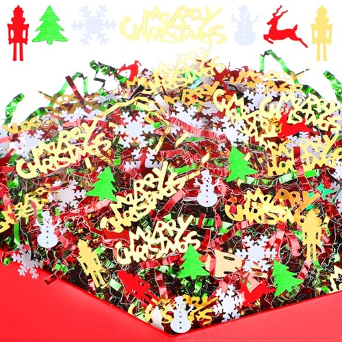 2lb Christmas Basket Stuffers Filler Metallic Red Green and Gold Crinkle Cut Paper Shred Filler with Nutcracker Xmas Tree Confetti Raffia Stuffing for Merry Christmas Gift Basket Packaging