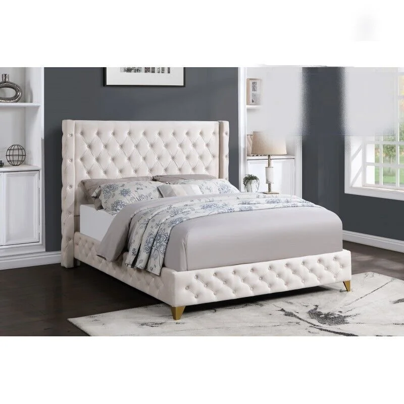 Contemporary King Platform Bed 1pc Cream Color Velvet Upholstered Button Tufted Modern Bedroom Furniture