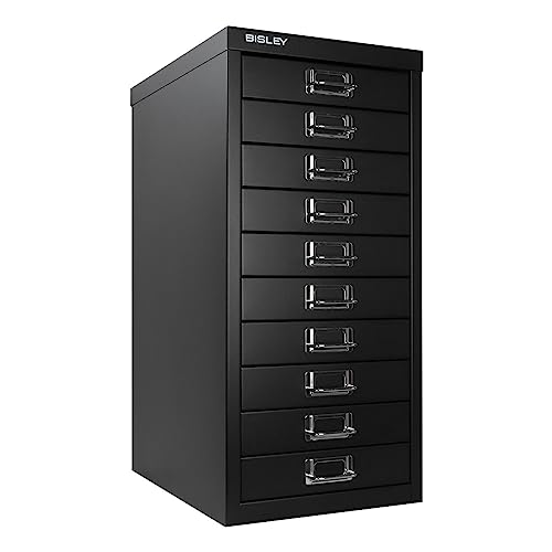 Bisley 10-Drawer Steel MultiDrawer Cabinet - Black, Chrome Pull Handles with Label Holders, Powder-Coated Steel, Removable Drawers, Fits Under Most Desks, Labels Included