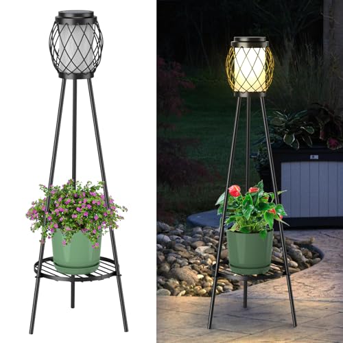 2 Pack Solar Lights Outdoor with Plant Stands - Solar Floor Lamp & Street Lights with Metal Tripod - Patio Decor for Garden, Yard, Pathway, Driveway, Porch