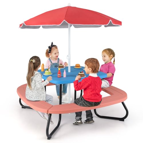 Costzon Kids Picnic Table, 8 Person Kids Outdoor Table and Chairs with Foldable & Adjustable Umbrella, 4 Built-in Benches, Toddler Outdoor Furniture for Backyard, Patio, Garden (Blue)