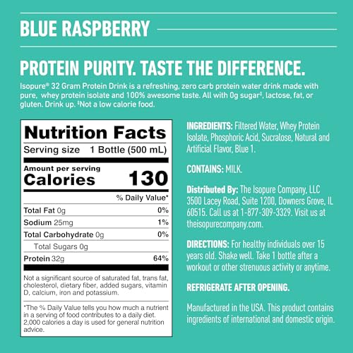Isopure Zero Carb 32g Clear Protein Ready-to-Drink, Whey Protein Isolate, Blue Raspberry, 12 Pack (Packaging May Vary)