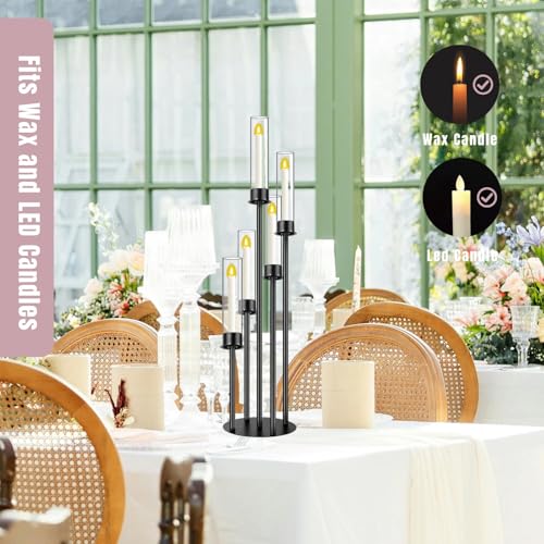 Black Candelabra with Glass Cylinders for Real Candles 5 Head Metal Candle Holder Wedding Centerpiece Ceremony Reception Event Party Home Decoration (1, L)