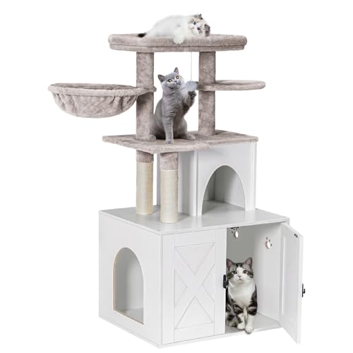 Snughome Cat Litter Box Enclosure with Cat Tree Tower and Condo, Hidden Washroom Furniture with Sisal Scratching Post and Soft Plush Perch, Wooden Cat Furniture with Multiple Platforms, White