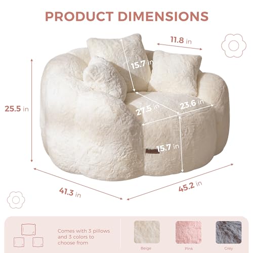 MAXYOYO Bean Bag Chair for Adults, Floral Shaped Bean Bag Sofa, Ultra Soft Faux Fur Floor Sofa, Large Reading Chair for Living Room Bedroom, Beige, Single