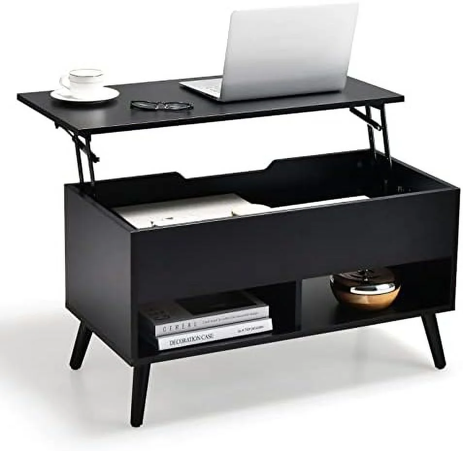 Lift Top Coffee Table  Modern Cocktail Table with Hidden Compartment & 2 Open Shelves  Flip Top Center Table  Wooden Pull up Coffee Table for Living Room  Reception Room  Office (Blac