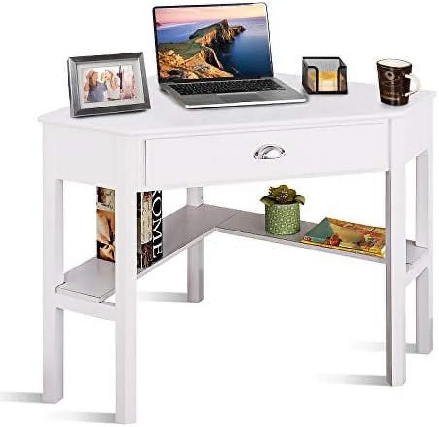 TJUNBOLIFE Corner Desk for Small Space Triangle Computer Desk Corner Writing Desk Corner Makeup Vanity Table with  Drawer &  for Home Office  Workstation  Living Room  Bedroom Brown