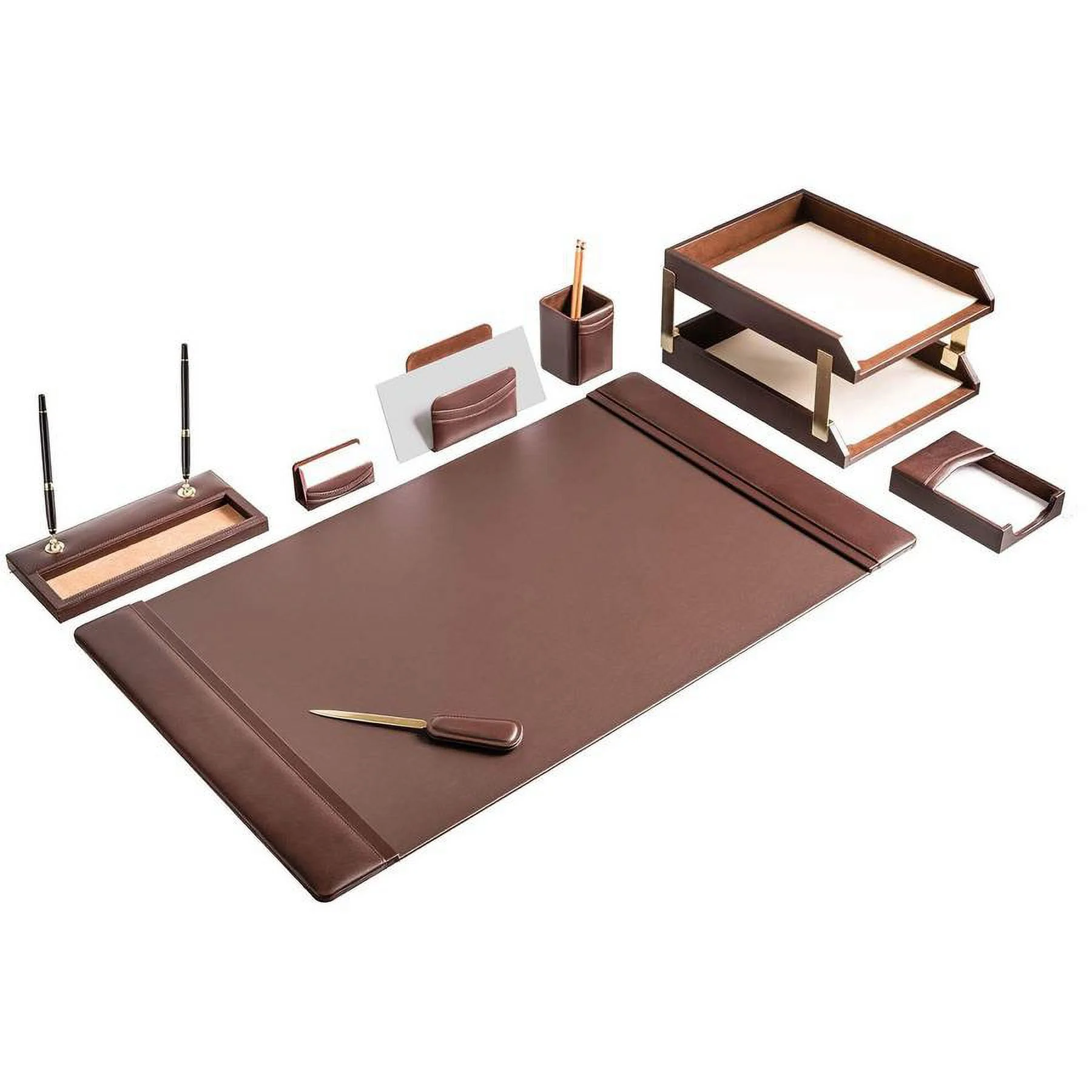 Chocolate Brown Leather 10-Piece Desk Set